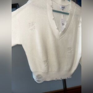 100% Cotton Chalk White Distressed V-Neck Sweater
